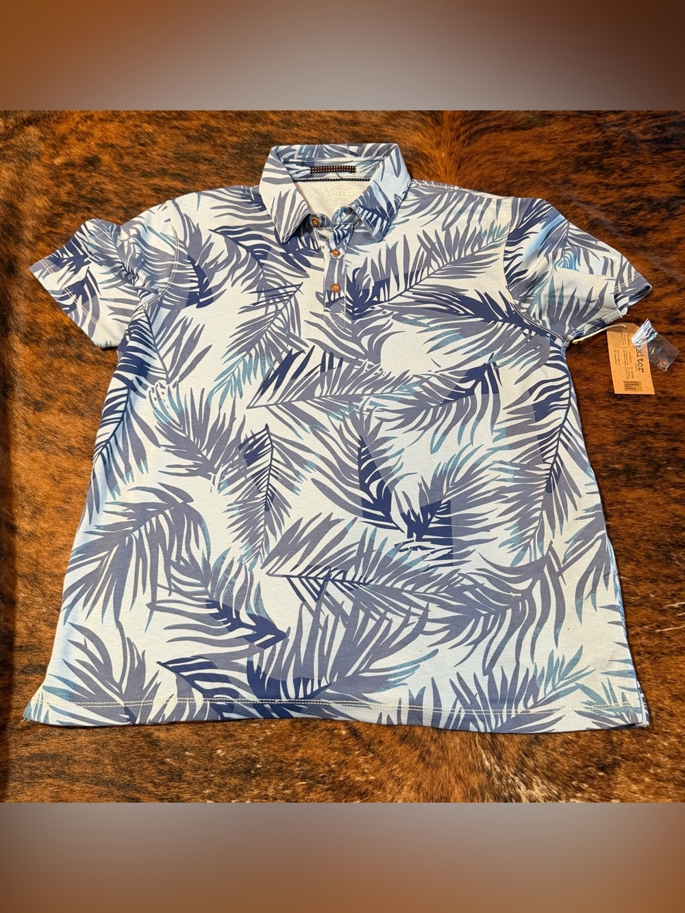 Visitors Premium Blue Tropical Palm Leaf Print Golf Casual Polo Mens XL NWT